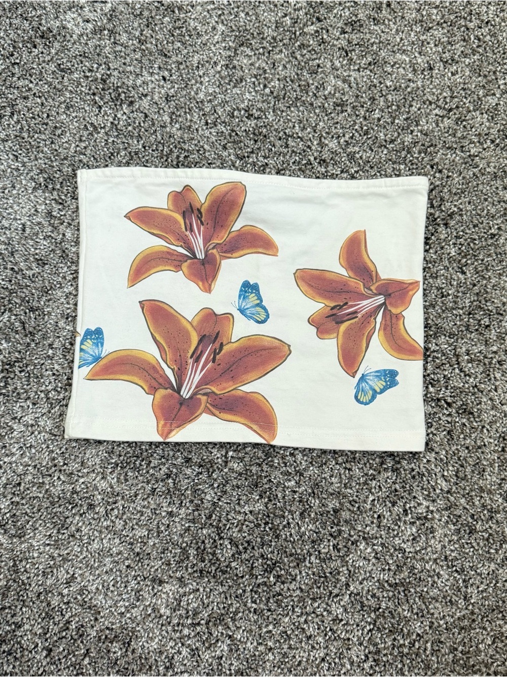 Edikted White Floral Tube Top with Orange Lilies and Blue Butterflies